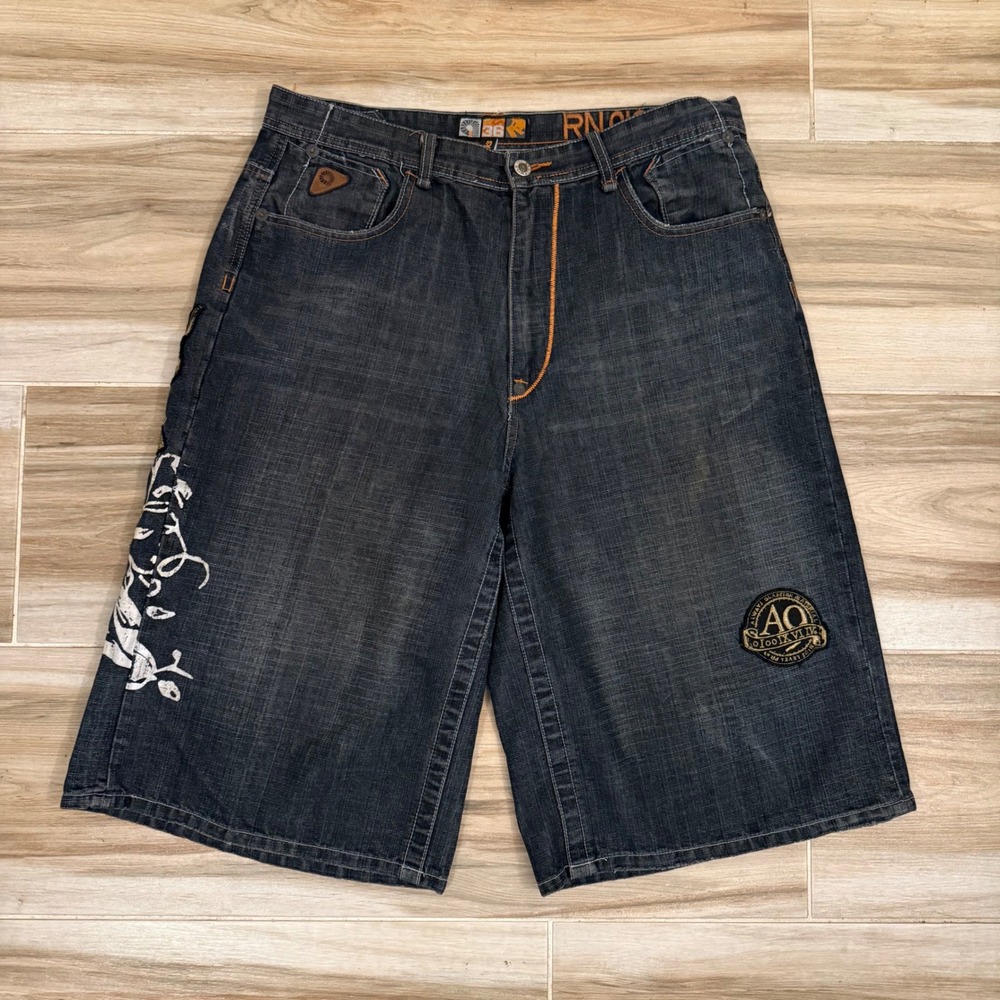 Akademiks Mens 36 Baggy Denim Shorts Y2K Streetwear Graphic Patches Dark Wash